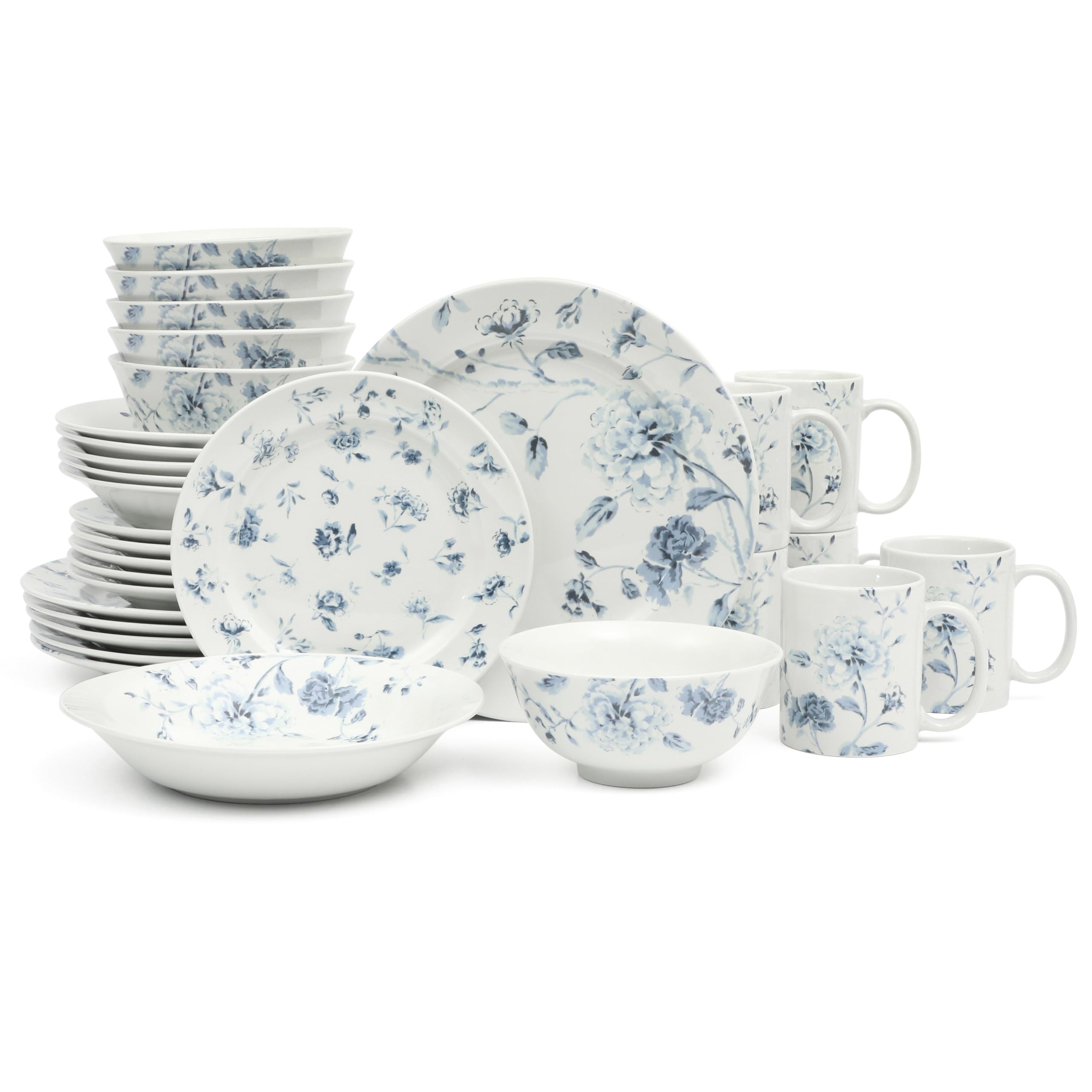 Martha Stewart Empress Bouquet Blue Floral Porcelain Dinnerware Set - 30-Piece Plates & Bowls for 6, Elegant Table Setting for Weddings, Holidays & Formal Dining