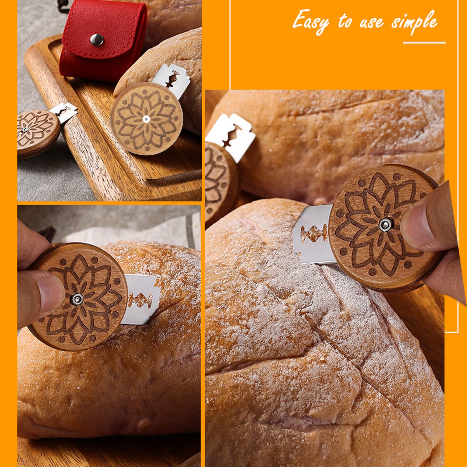 Professional Bread Lame Cutter Kit - Stainless Steel Sourdough Bread Scoring Tool with 5 Razor Blades & Red Leather Holster - Perfect for Artisan Bakers, Homemade Bread Making, and Bakery Use - Ideal for Scoring Patterns on Sourdough, Baguettes, and Rustic Loaves