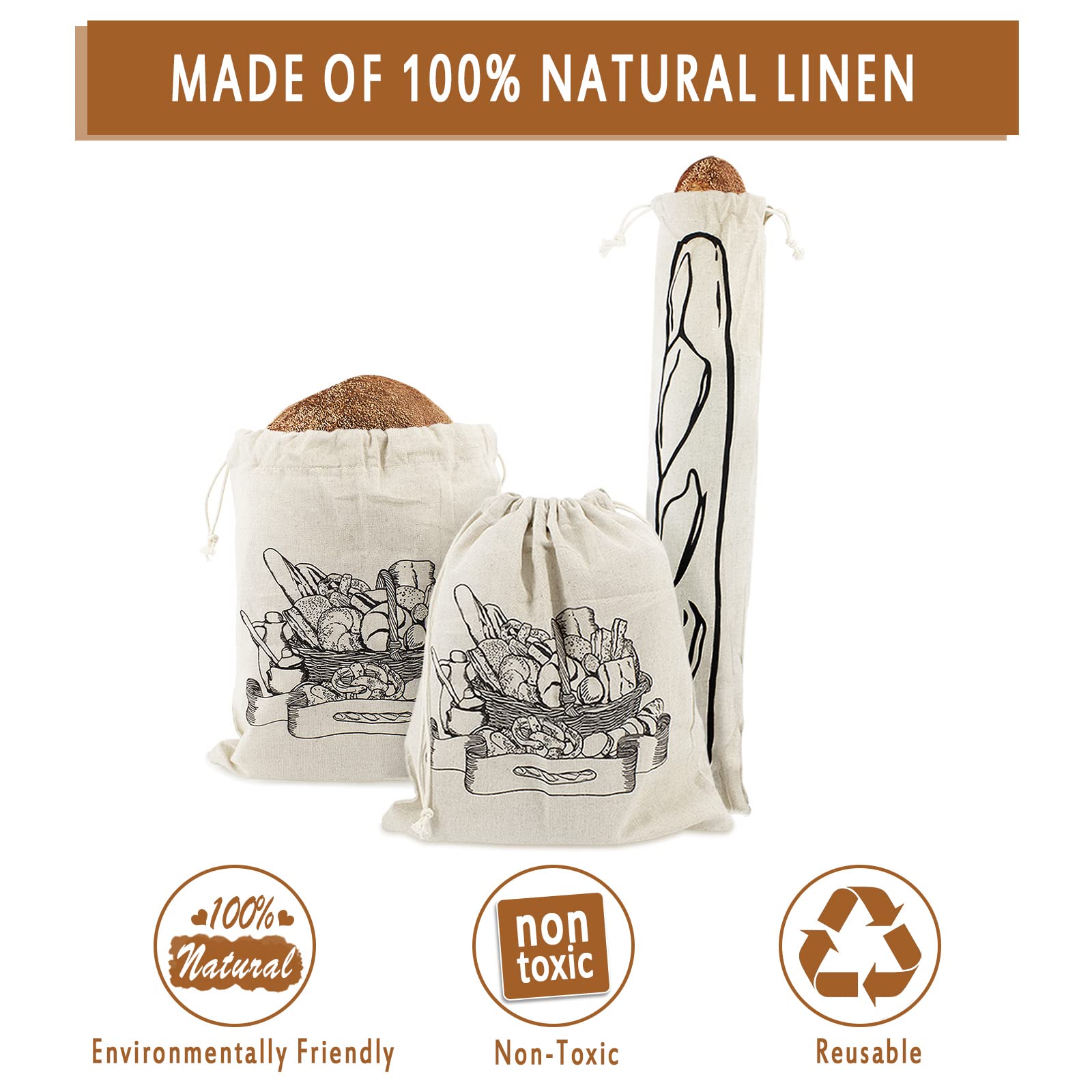 Organic Linen Bread Bags 3-Pack - Unbleached Natural Fabric Bread Storage Bags for Artisan & Homemade Loaves - Large & XL Reusable Drawstring Bread Bags for Fresh Bakery, Picnics & Eco-Friendly Kitchen Use