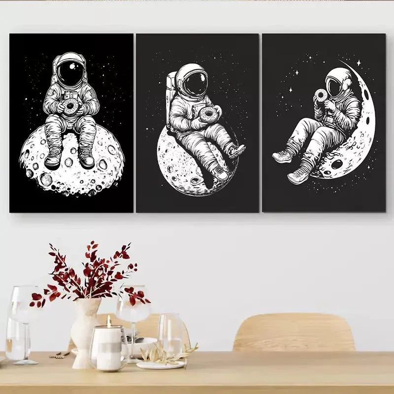 3-Piece Black and White Astronaut on Moon Wall Art Set - Framed Canvas 40x60cm (16x24in) | High Quality Print | Australian Made | Ready to Hang | Perfect for Living Room, Bedroom & Office Decor
