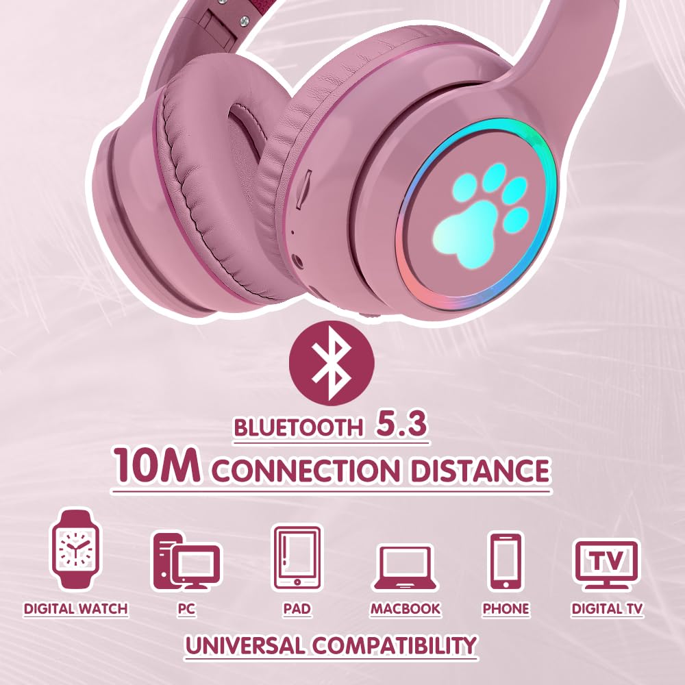 Wireless Bluetooth 5.3 Cat Ear Headphones with LED Lights - 60H Playtime, Foldable Over-Ear Gaming Headset with Mic & 3.5mm Aux - Compatible with PC, TV, Tablet, Laptop, Smartphone - Perfect for Gaming, Music, Work & Travel (Pink)