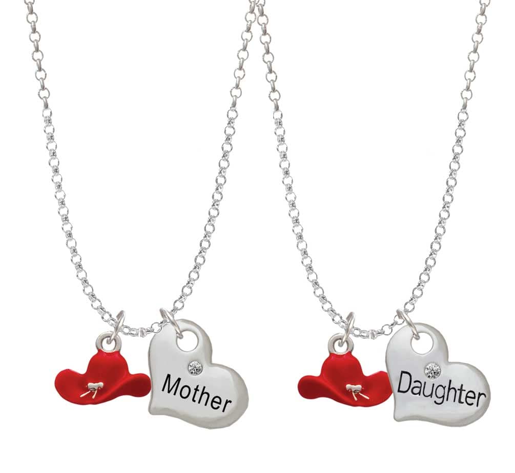 Delight Jewelry Silvertone Enamel Cowboy Hat Mother Daughter Heart Necklace Set (2 Pcs) - 19+2 Inch Adjustable Chain - Western Style Matching Jewelry for Women - Perfect for Mother's Day, Birthday Gifts & Cowgirl Fashion Accessories