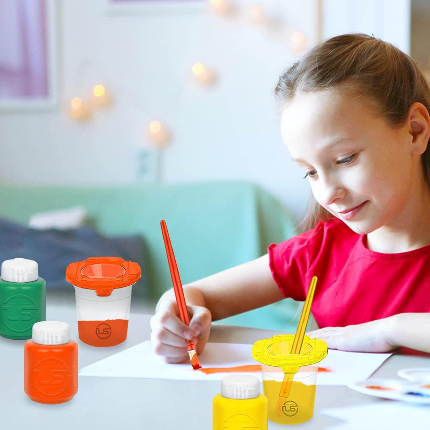Spill-Proof Paint Cups with Lids for Kids - 6 Non-Spill Painting Containers & 6 Toddler Paint Brushes - Washable Art Supplies for Classroom, Home & Outdoor Painting Activities
