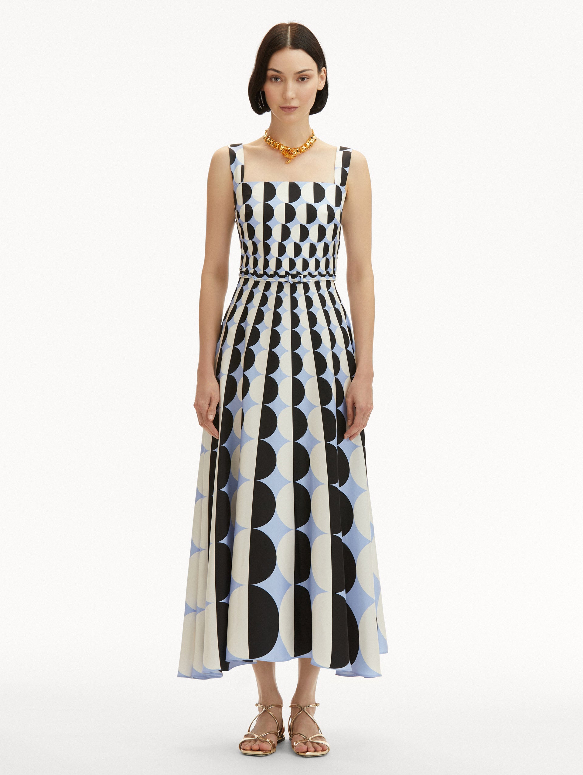 Geometric Circle Silk Twill Sleeveless Dress for Women - Elegant Summer Cocktail Party & Wedding Guest Outfit