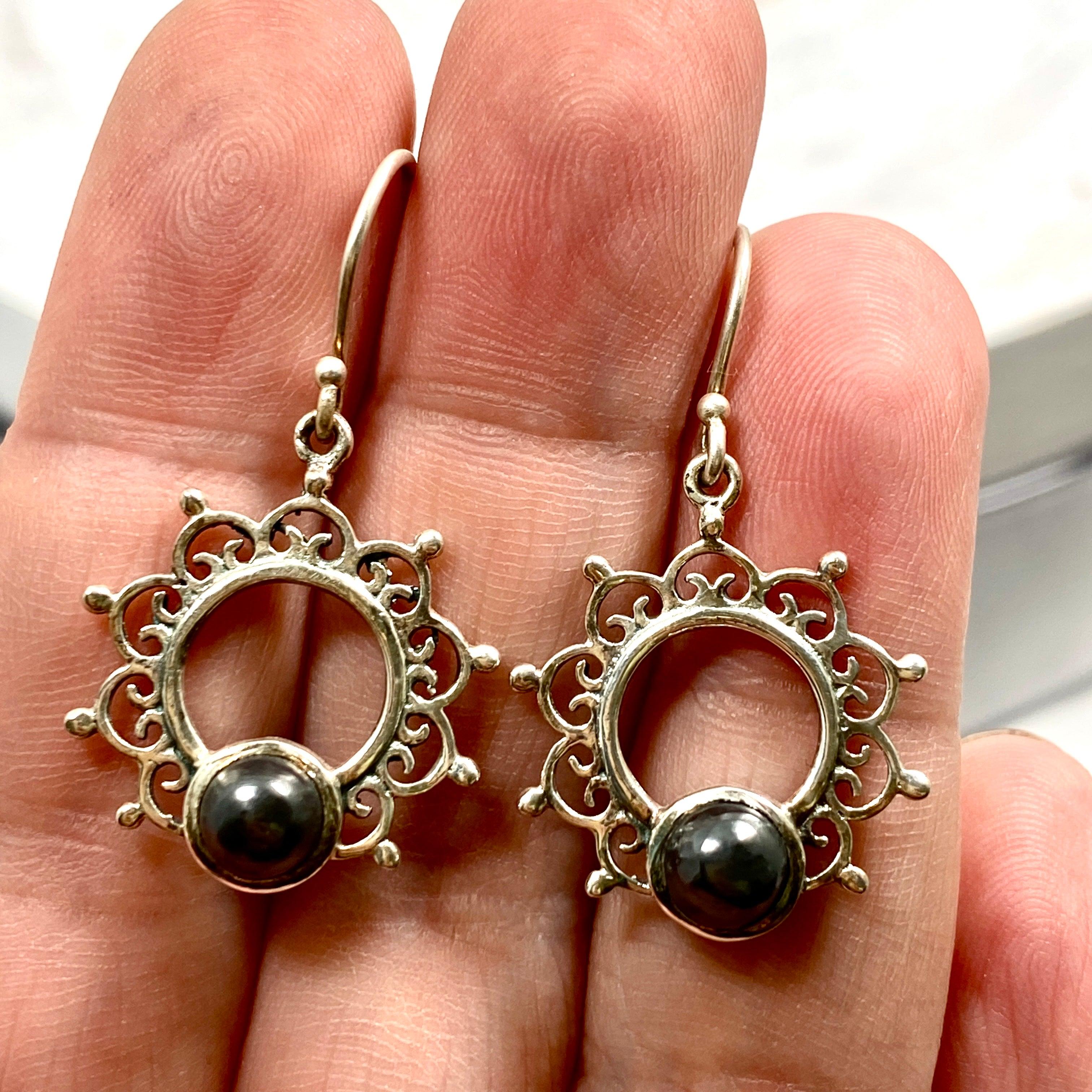 Boho Mandala Hematite Cabochon Earrings for Women – Handmade Dangle Drop Earrings for Yoga, Meditation, and Spiritual Healing – KEGJ569