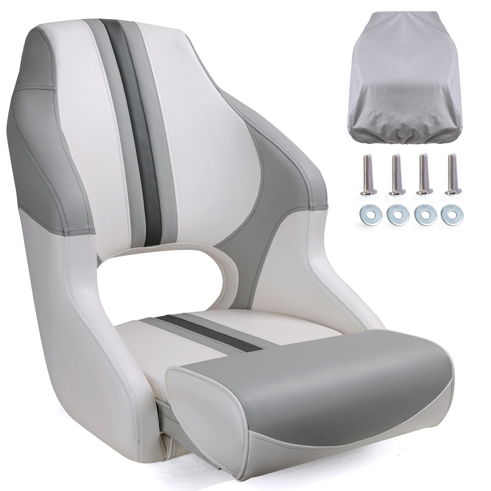 Premium Marine Boat Seat - Heavy Duty Captains Bucket Seat with Flip Up Design & Waterproof Cover (White/Light Grey/Charcoal) - Perfect for Fishing Boats, Yachts & Pontoon Boats