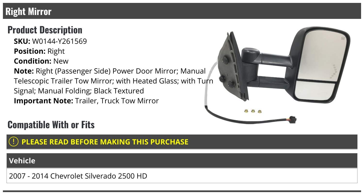 Right Passenger Side Power Mirror for 2007-2014 Chevy Silverado 2500 HD - Textured Black Trailer Tow Mirror with Heated Glass, Turn Signal, Manual Telescoping & Folding - Perfect for Towing, Highway Driving & Winter Conditions