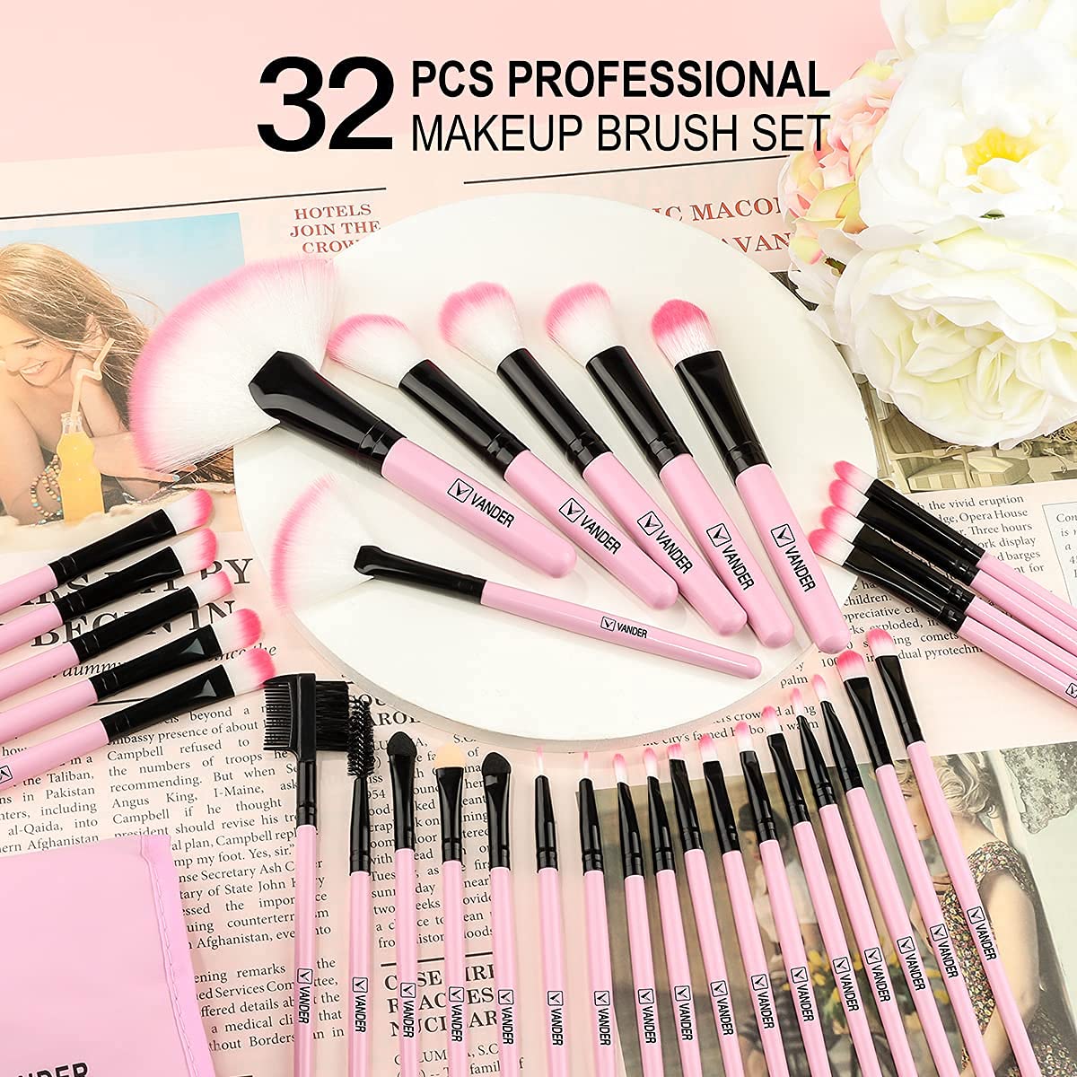 VANDER 32pcs Professional Makeup Brush Set - Soft Synthetic Kabuki & Eyebrow Brushes for Flawless Makeup Application