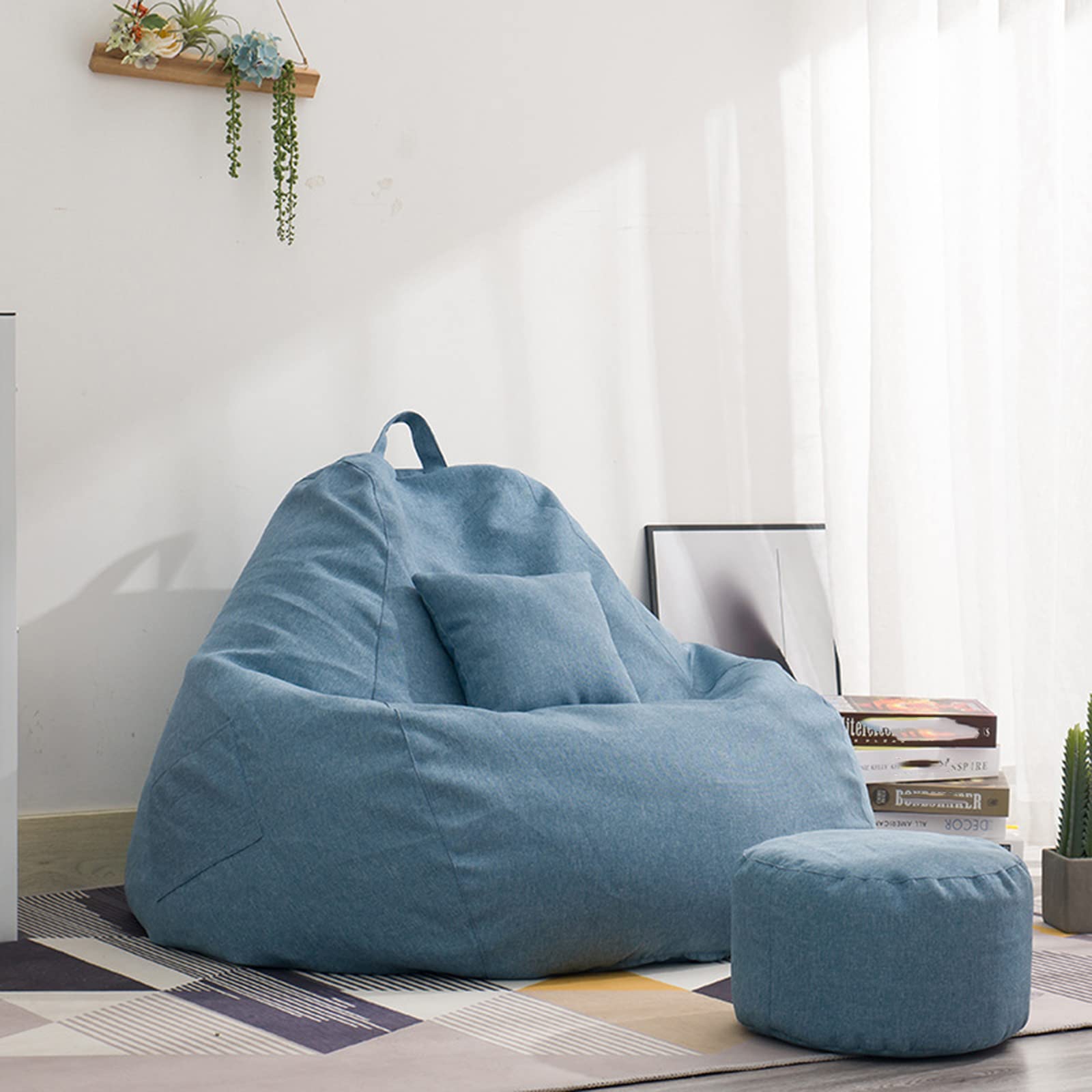Premium Bean Bag Chair Cover (No Filler Included) - 110x130cm Soft Sofa Slipcover for Adults & Kids - Stuffed Animal Storage Organizer with Matching Footstool - Chrome Fabric - Perfect for Living Rooms, Dorms & Playrooms
