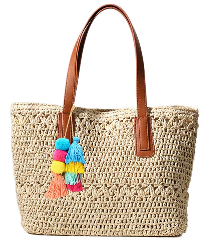 Women's Large Straw Beach Tote Bag with Pompom - Handmade Woven Summer Shoulder Bag for Women | Perfect for Beach Vacations, Pool Parties & Summer Outings