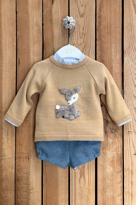 Evander Camel Bambi Jumper, Shirt & Shorts Set - Cute Animal Print Outfit for Kids | Perfect for Playdates, School & Family Photos