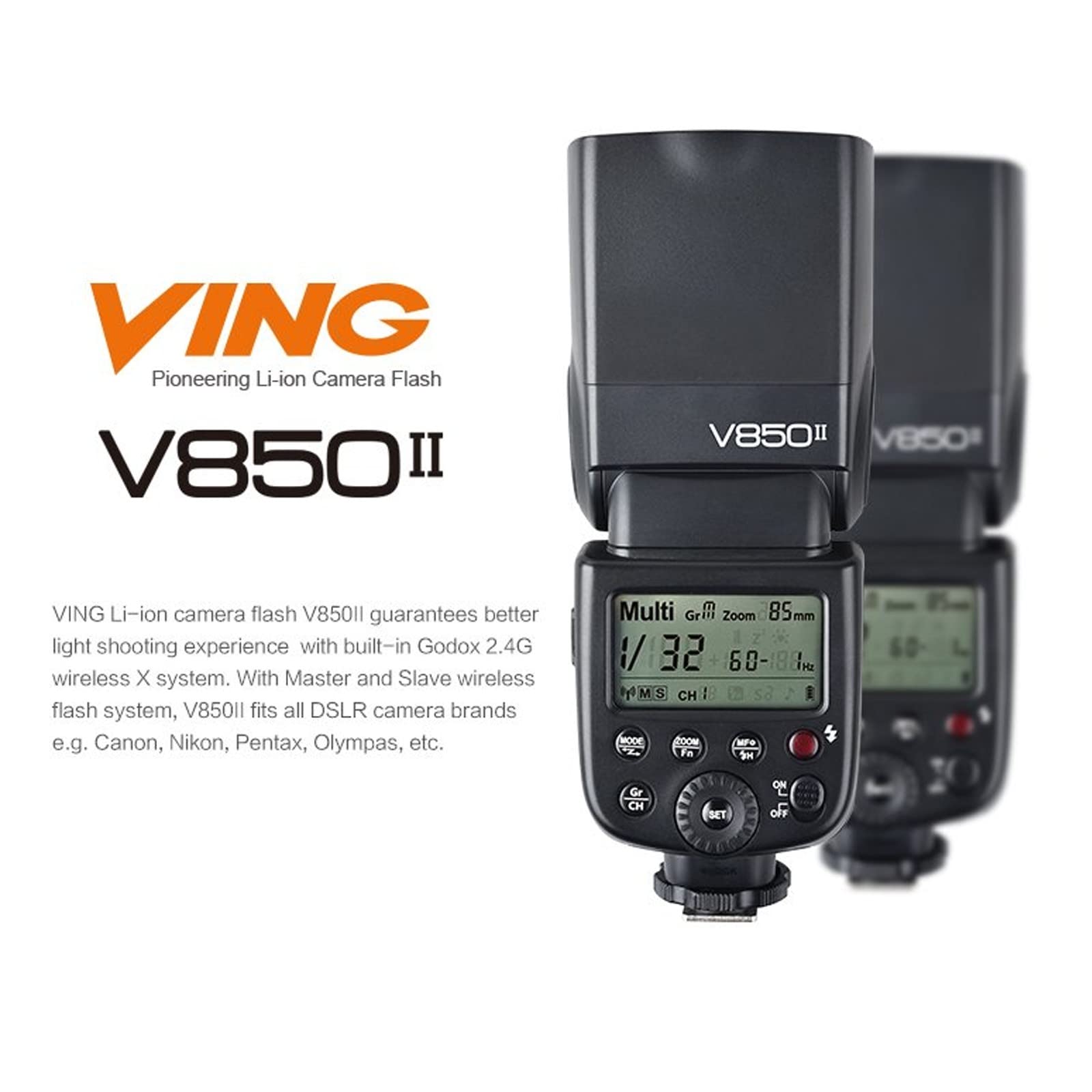 Godox V850II V850 Flash Speedlight for Sony Canon Nikon Cameras - GN60 2.4G HSS 1/8000s with ML-CD15 Diffuser | 650 Full-Power Flashes, 2000mAh Li-ion Battery, 1.5s Recycle Time | Perfect for Portrait, Wedding & Studio Photography