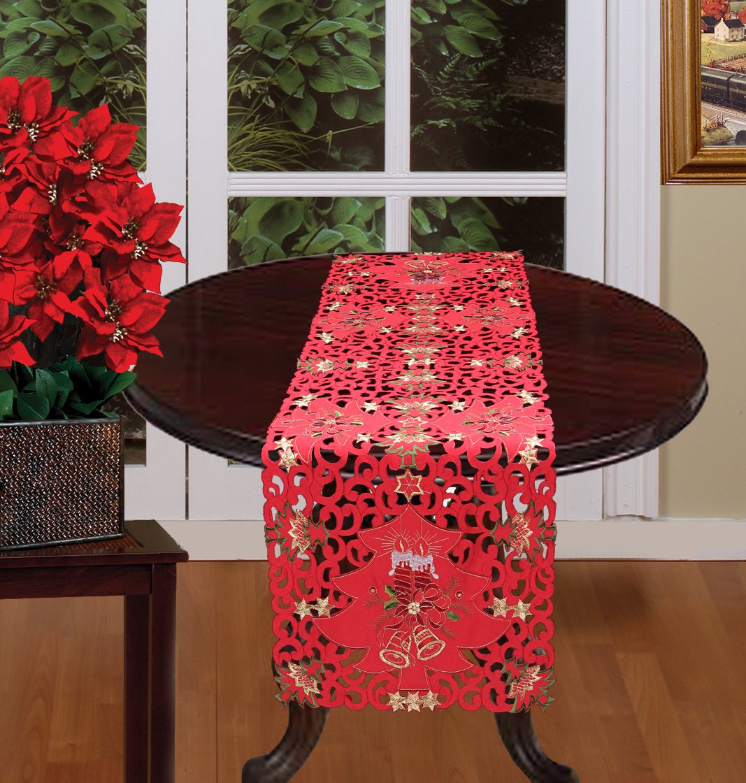 Christmas Table Runner 15x53 Inch - Embroidered Red Poinsettia & Gold Bell Design - Holiday Candle Table Decor - Perfect for Dining Tables, Buffets, and Fireplace Mantels