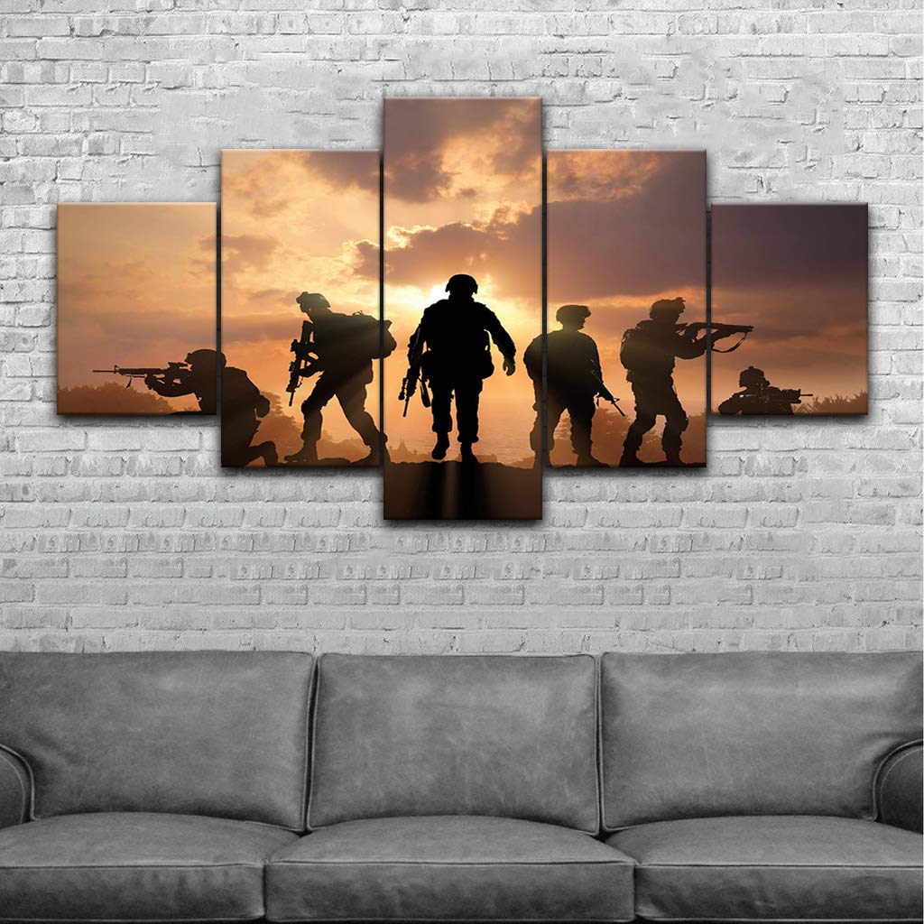 5-Panel Military Soldier Silhouette Canvas Wall Art - Framed Army Troops Print for Modern Home & Office Decor | Ready to Hang | Patriotic Living Room & Man Cave Wall Decor