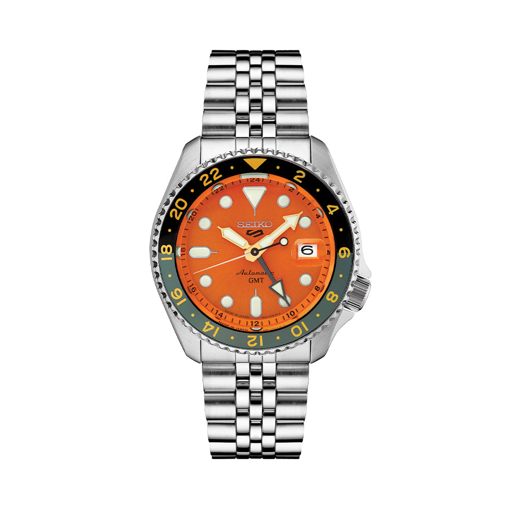 SSK005 Seiko 5 Sports GMT Automatic Watch 42.5mm Orange Dial Stainless Steel Bracelet - Perfect for Travel, Diving & Everyday Wear
