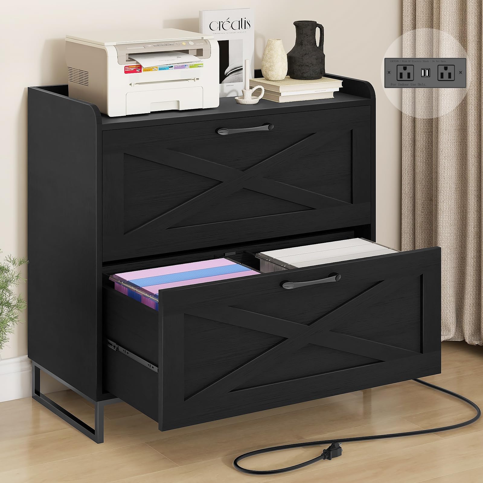 2-Drawer Lateral File Cabinet with Built-in Charging Station - Letter/Legal/A4 Size Hanging File Storage - Wooden Office Cabinet with Printer Stand for Home & Workspace - Black - Perfect for Organizing Documents & Charging Devices in Modern Offices