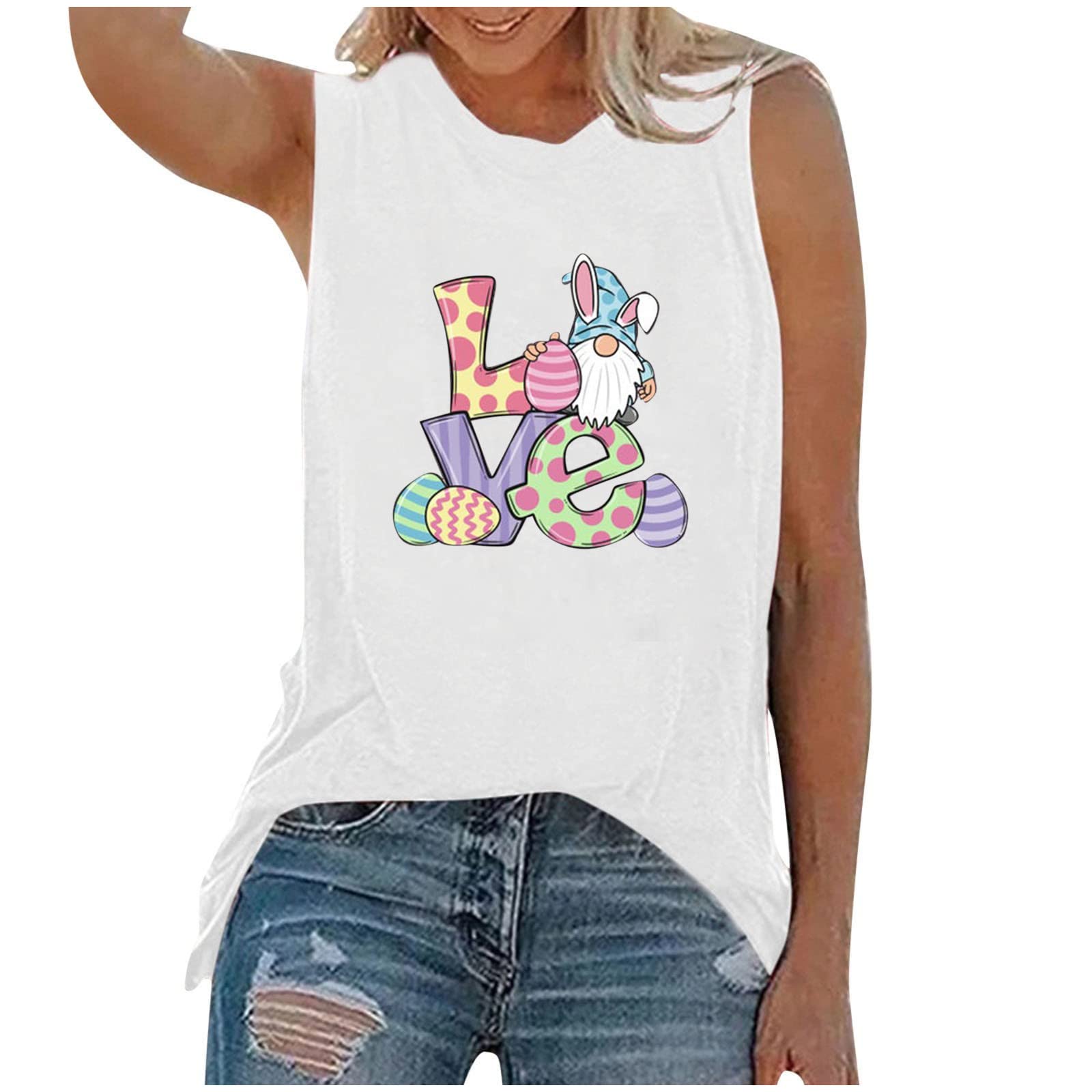 Women's Cute Gnome Letter Printed Sleeveless Tank Top - Summer Athletic Workout Shirt, Casual Pullover Tunic for Easter & Outdoor Activities