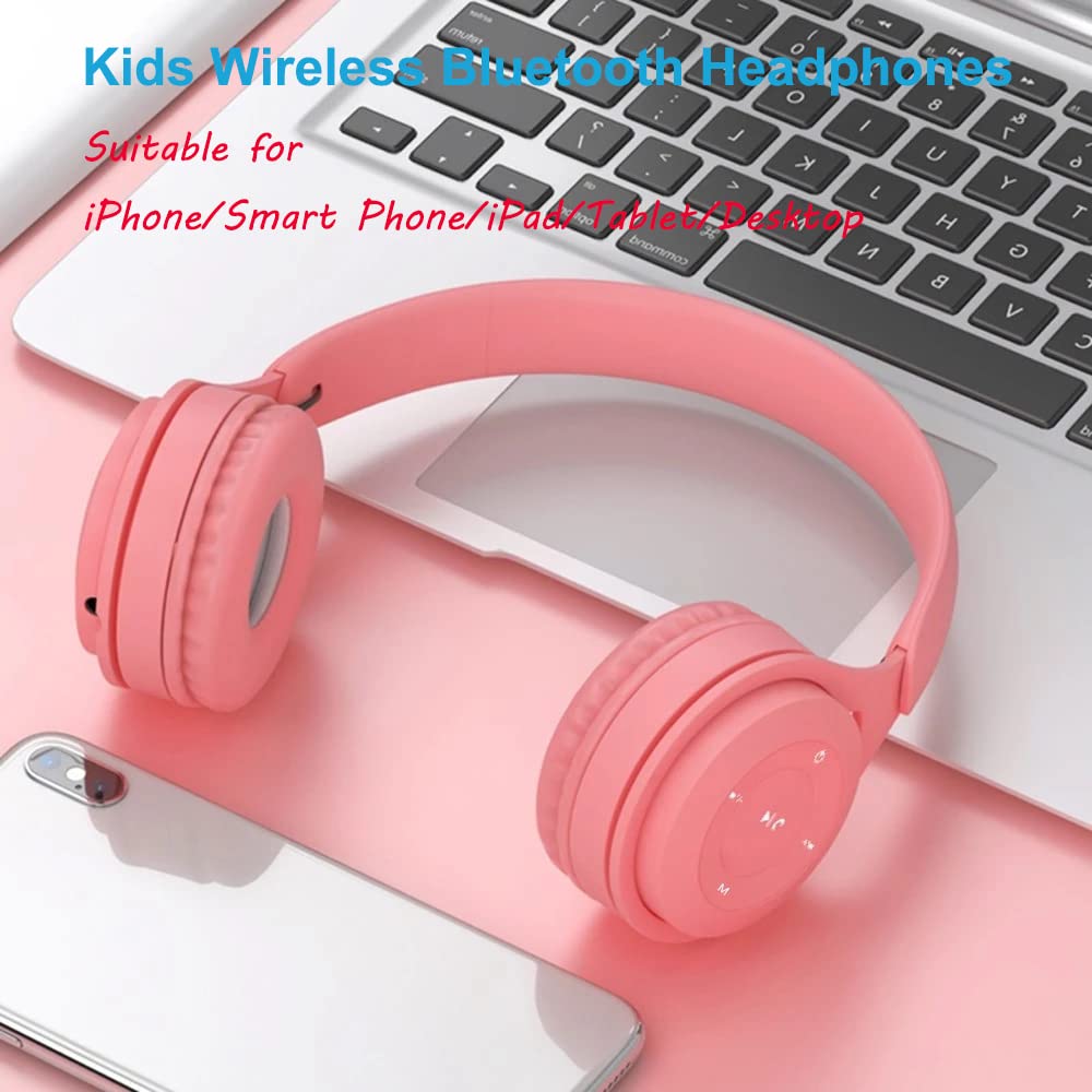 Wireless Bluetooth 5.0 Headphones for Kids - Over-Ear Comfortable Protein Earpads, Foldable Design with Built-in Mic - HiFi Sound Quality for Music, Gaming & Online Classes (Pink)