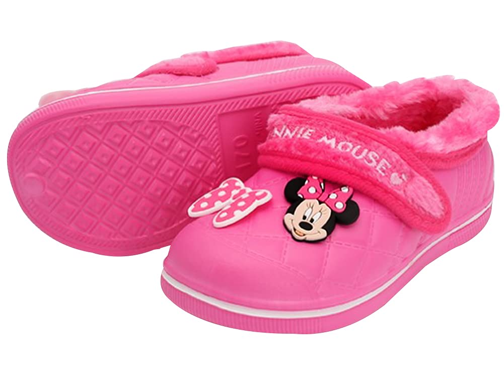 Minnie Mouse Girls' Warm Fur Slippers with Hook & Loop Closure - Soft & Cozy House Shoes for Kids - Perfect for Indoor, Bedroom & Winter Wear