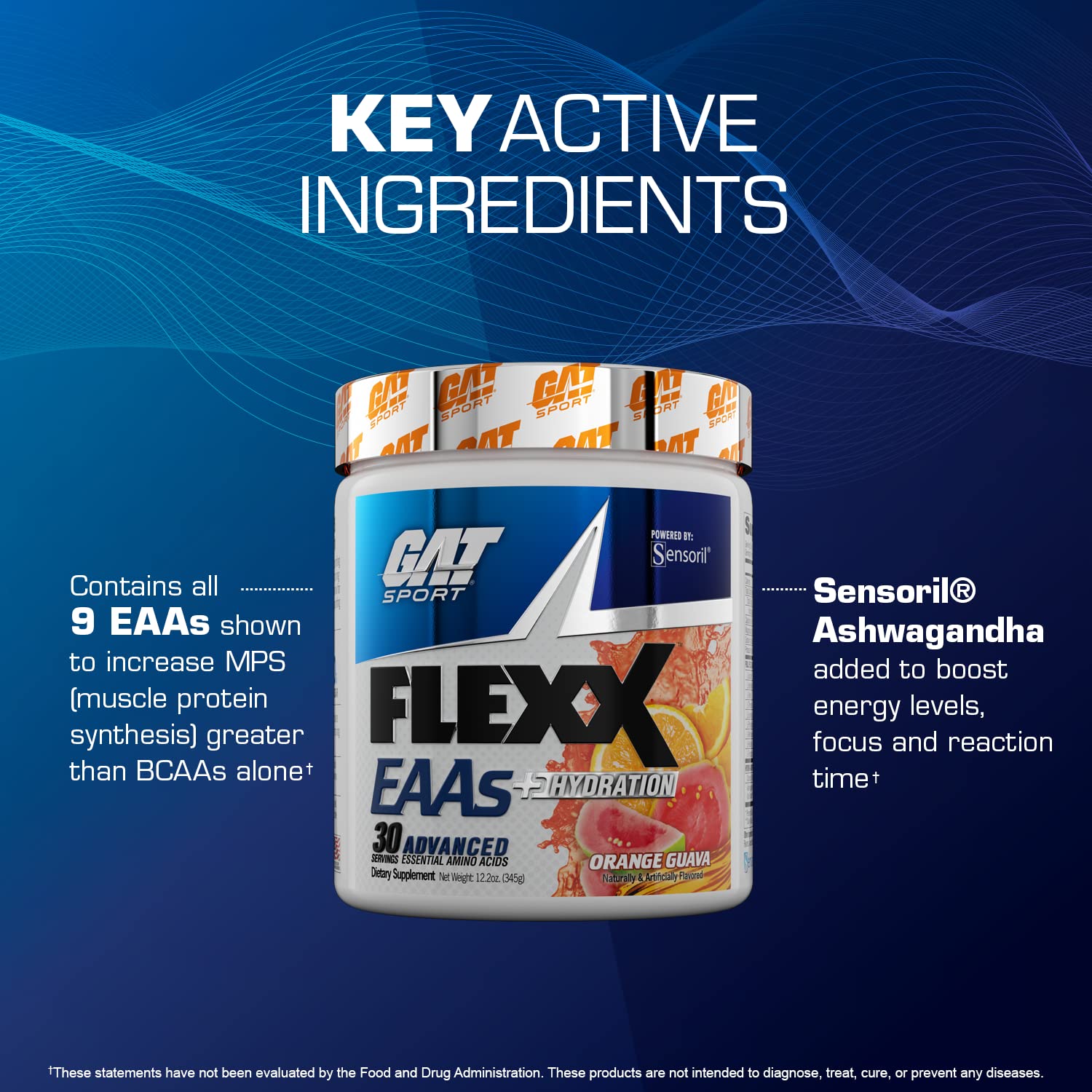 GAT SPORT Flexx EAAs + Hydration - Premium Essential Amino Acid Supplement with Electrolytes, 30 Servings Blue Raspberry Flavor | Post-Workout Recovery & Hydration Boost for Athletes