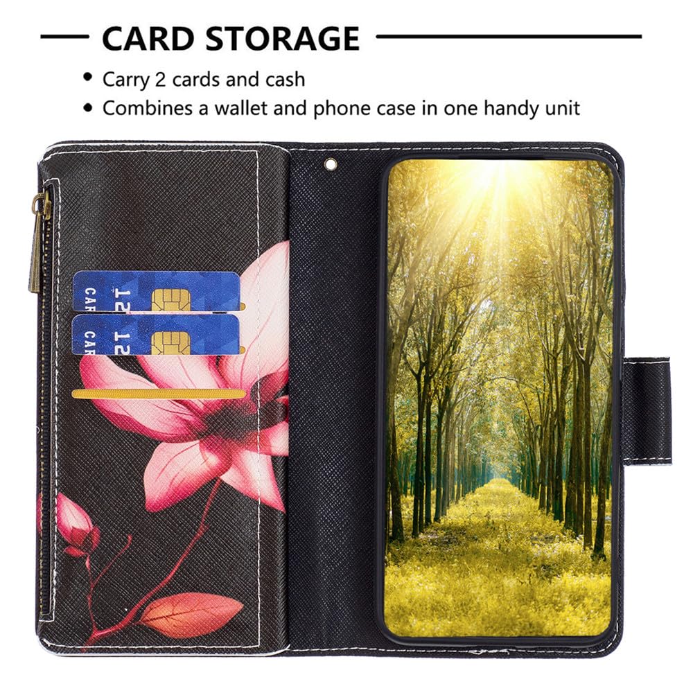 XYX Wallet Case for Samsung Galaxy A22 5G - PU Leather Flip Cover with Zipper, 9 Card Slots & Wrist Strap (Lotus Design) - Perfect for Daily Use, Travel, and Secure Phone Protection