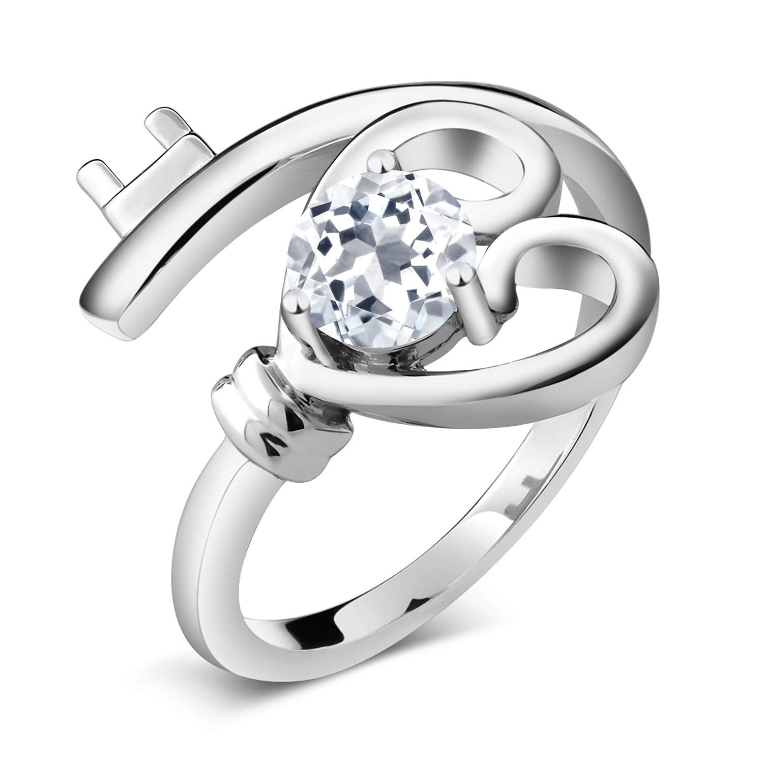Gem Stone King 925 Sterling Silver White Topaz Heart Key Ring - 0.50 Ct Round 5MM (Sizes 5-9) - Perfect Gift for Valentine's Day, Anniversary & Special Occasions