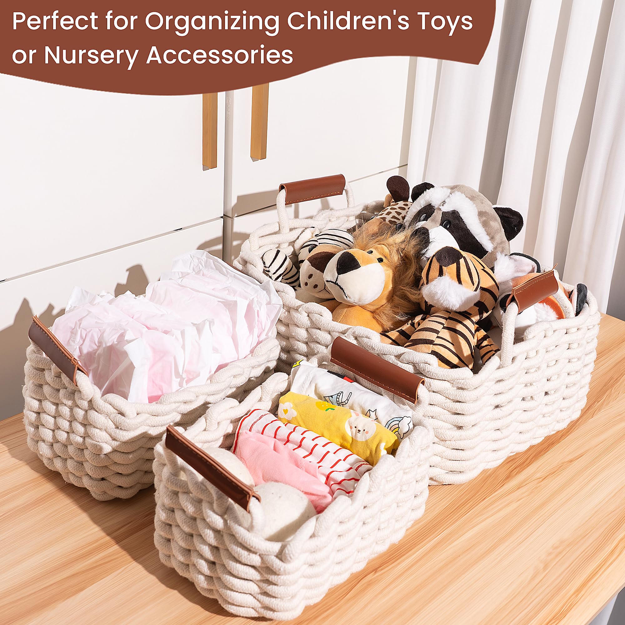 3-Pack Cotton Rope Storage Baskets with Handles - Multi-Purpose Organizer for Diapers, Toys, Bathroom & Closet - Decorative Shelving Bins for Home Organization (Beige/Natural) - Perfect for Nursery, Bedroom & Living Room Storage Solutions
