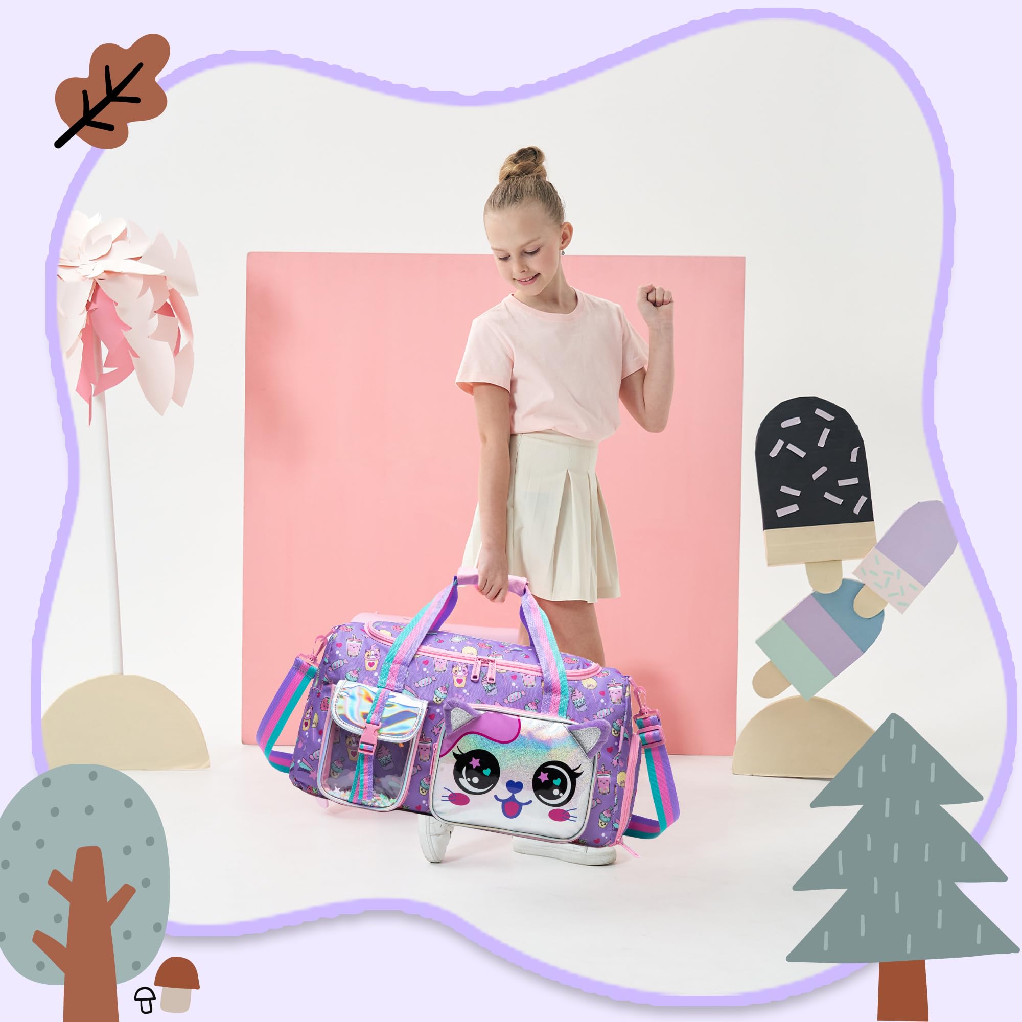 Kids Travel Duffle Bag - Cute Cat Design Gym & Dance Bag for Girls with Shoe Compartment | Perfect for Sleepovers, Sports & School Activities