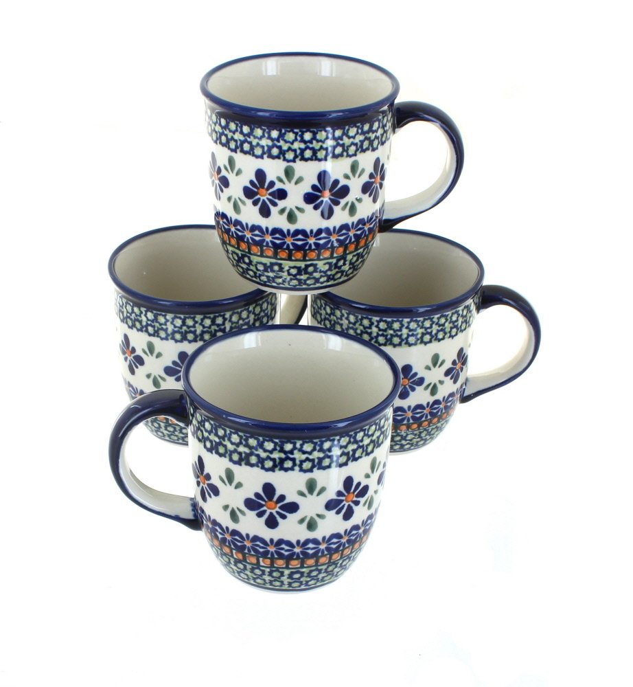 Blue Rose Polish Pottery Mosaic Flower 4-Piece Mug Set - Handcrafted Ceramic Coffee Tea Cups - Perfect for Home Decor, Gift Giving & Daily Use