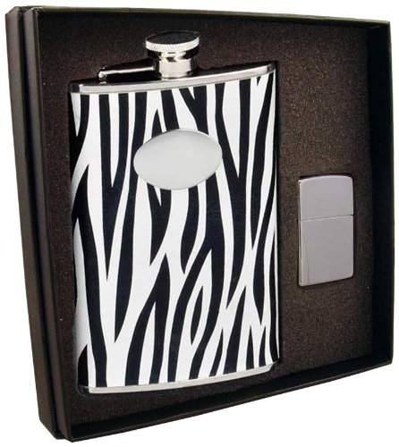Visol Zebra Print Stainless Steel Flask & Zippo Lighter Gift Set - 8oz Capacity - Perfect for Outdoor Adventures, Camping & Gifts for Men