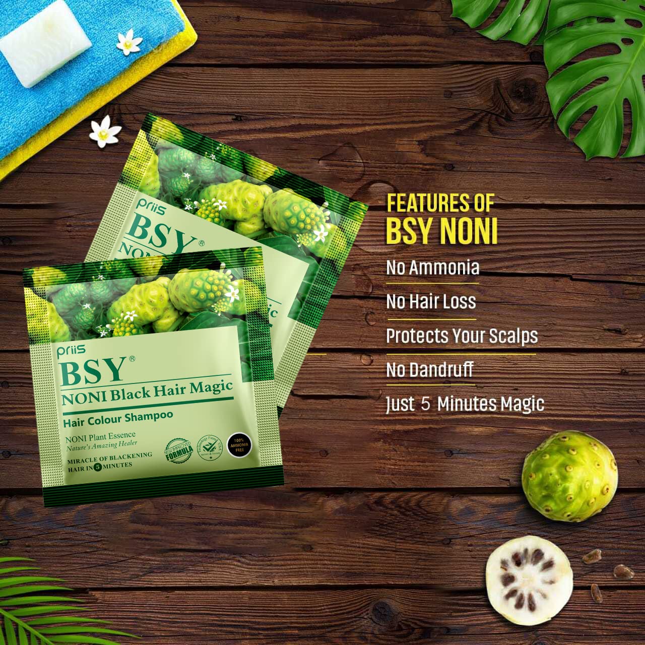 BSY Noni Black Hair Magic (12ml X 20 Sachets) - 100% Ammonia Free Hair Dye Shampoo | 5-Minute Fruit-Based Hair Color with Anti-Hair Fall Formula | For Quick Root Touch-Ups, Gray Coverage & Salon-Quality Results at Home