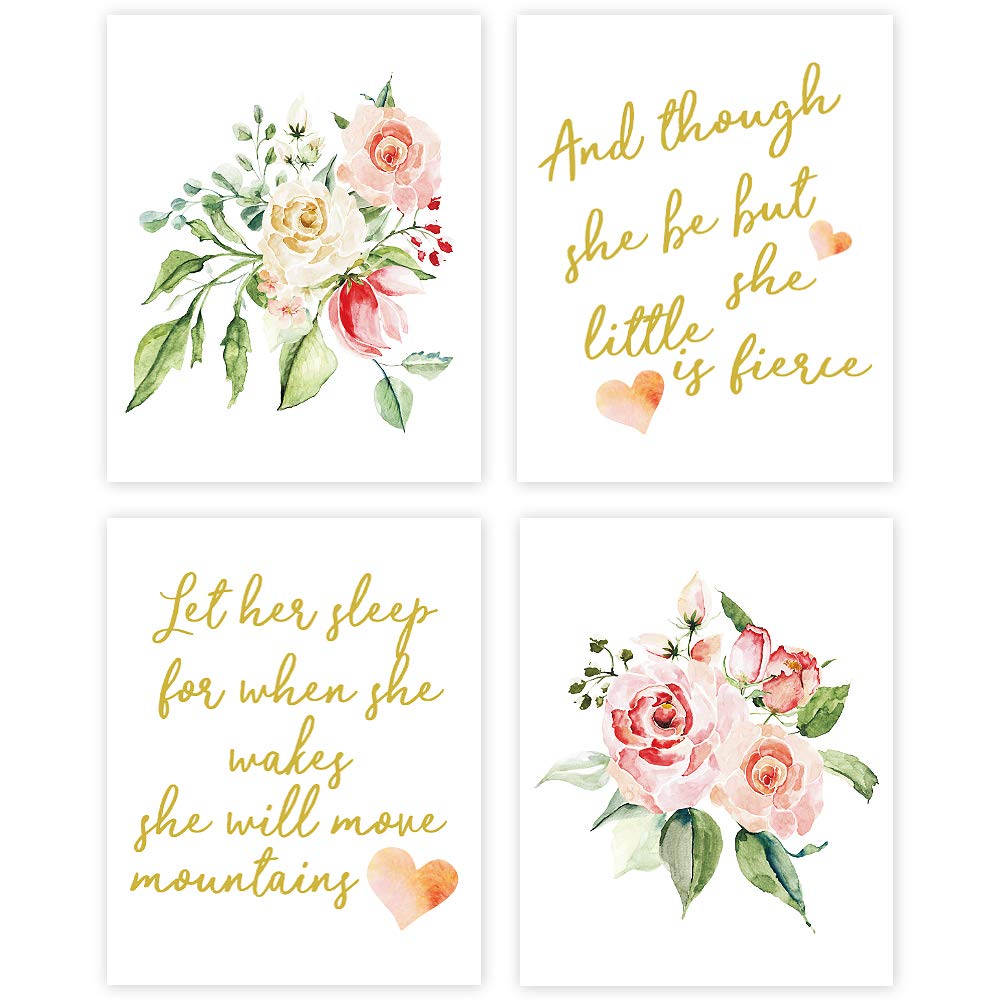 Inspirational Quote Watercolor Floral Wall Art - Set of 4 Motivational Prints for Nursery, Kids Room & Home Decor (8x10 Inches, Unframed) | Perfect for Baby Girl's Bedroom, Playroom & Gift Giving