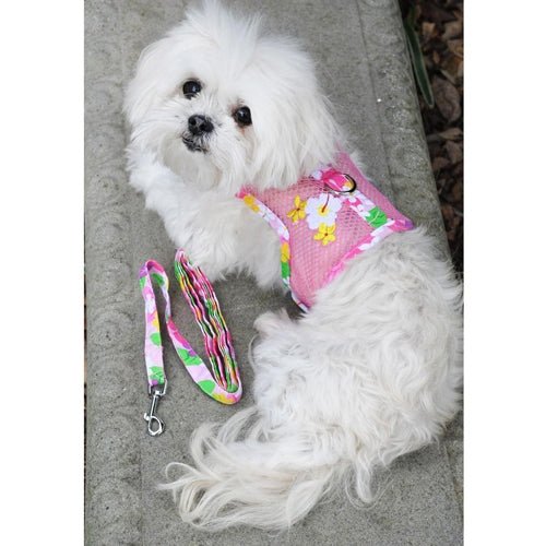 Breathable Mesh Dog Harness with Leash - Adjustable Pink Hawaiian Floral Pet Vest for Small Medium Dogs - Perfect for Walking, Hiking & Outdoor Adventures