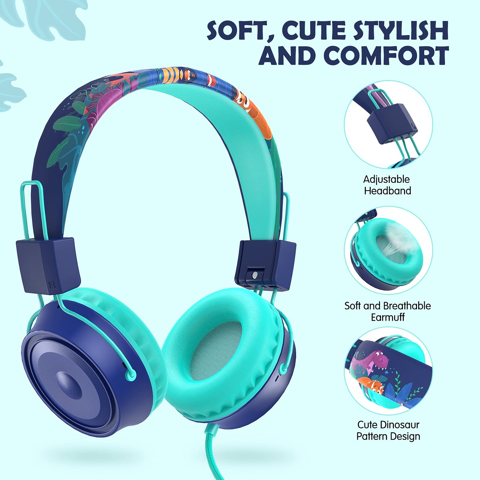 Kids Headphones with Microphone - Safe Volume Limiter 85/94dB, 3.5mm Wired On-Ear Headset for Children, Lightweight Comfort for School, Online Classes, iPad, Kindle & Tablet Use (Blue) - Perfect for Learning, Homeschooling & Remote Education