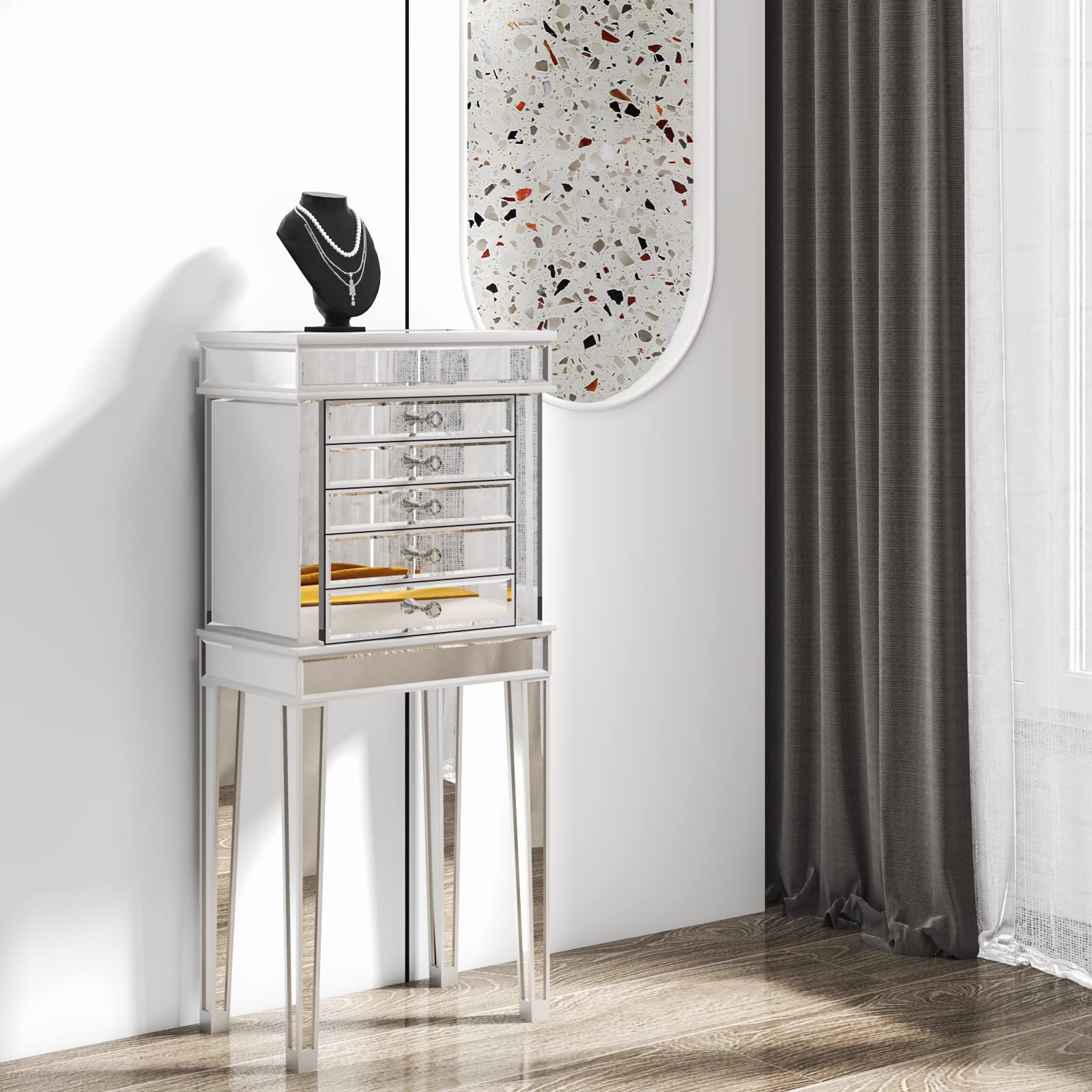 VINGLI Full-Length Mirrored Jewelry Armoire with 6 Drawers & 2 Side Doors - Large Standing Jewelry Cabinet Organizer for Necklaces, Rings, Earrings - Silver Finish for Bedroom, Closet or Dressing Room