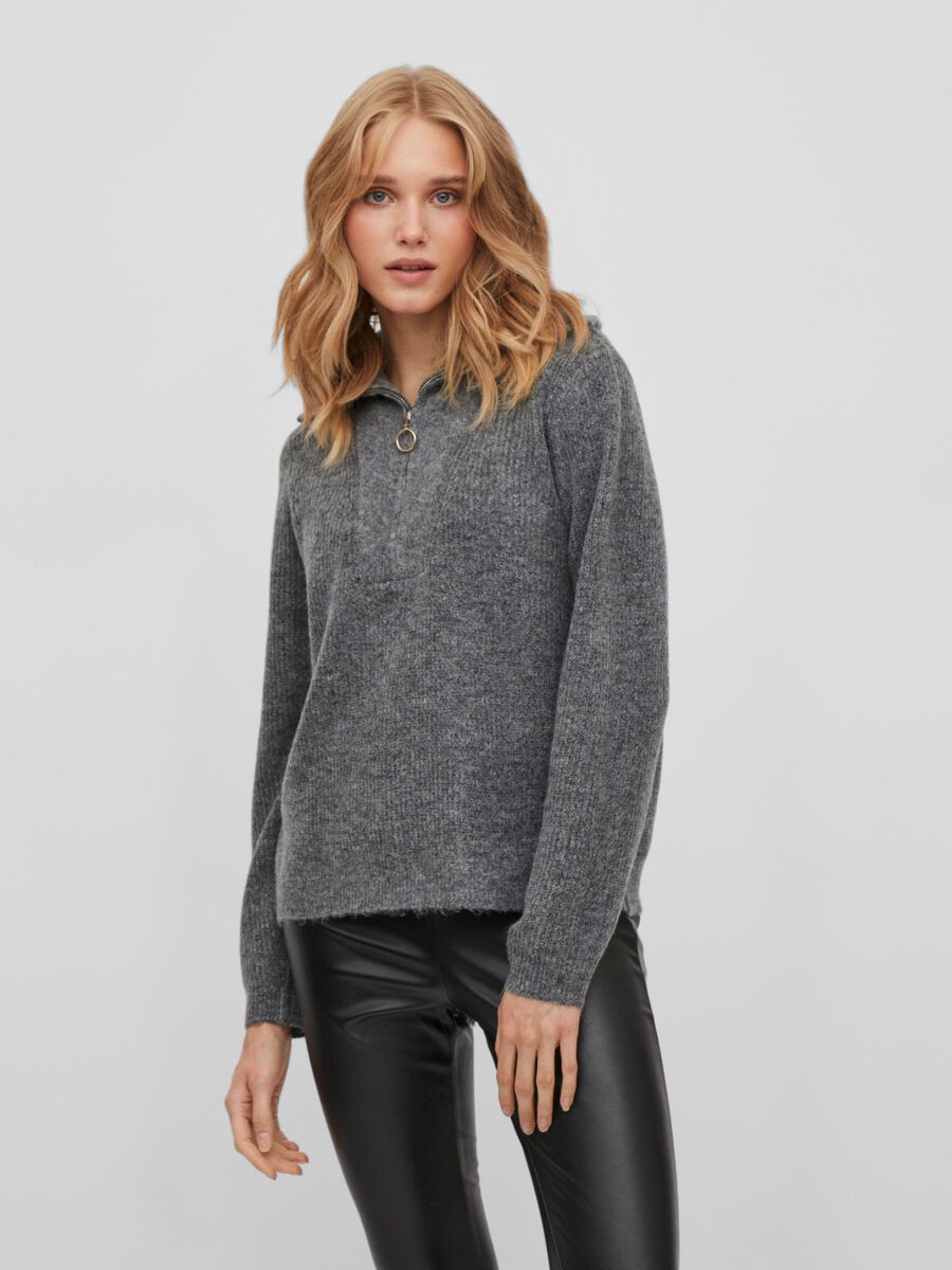 Mathilda Zip Neck Jumper Sweater for Women - Medium Grey Melange Pullover | Cozy Winter Knitwear for Office, Casual Outfits & Date Nights