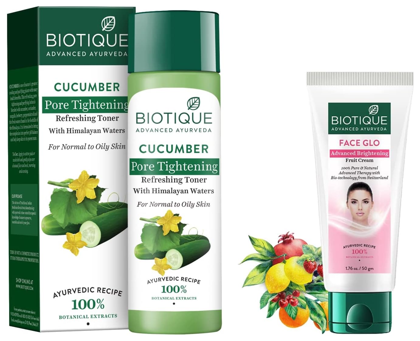 Biotique Bio Cucumber Pore Tightening Toner 120ml & Bio White Advanced Fairness Cream 50g - Hydrating Facial Toner & Brightening Moisturizer for Glowing Skin | Daily Skincare Routine, Acne Treatment, Dark Spot Reduction