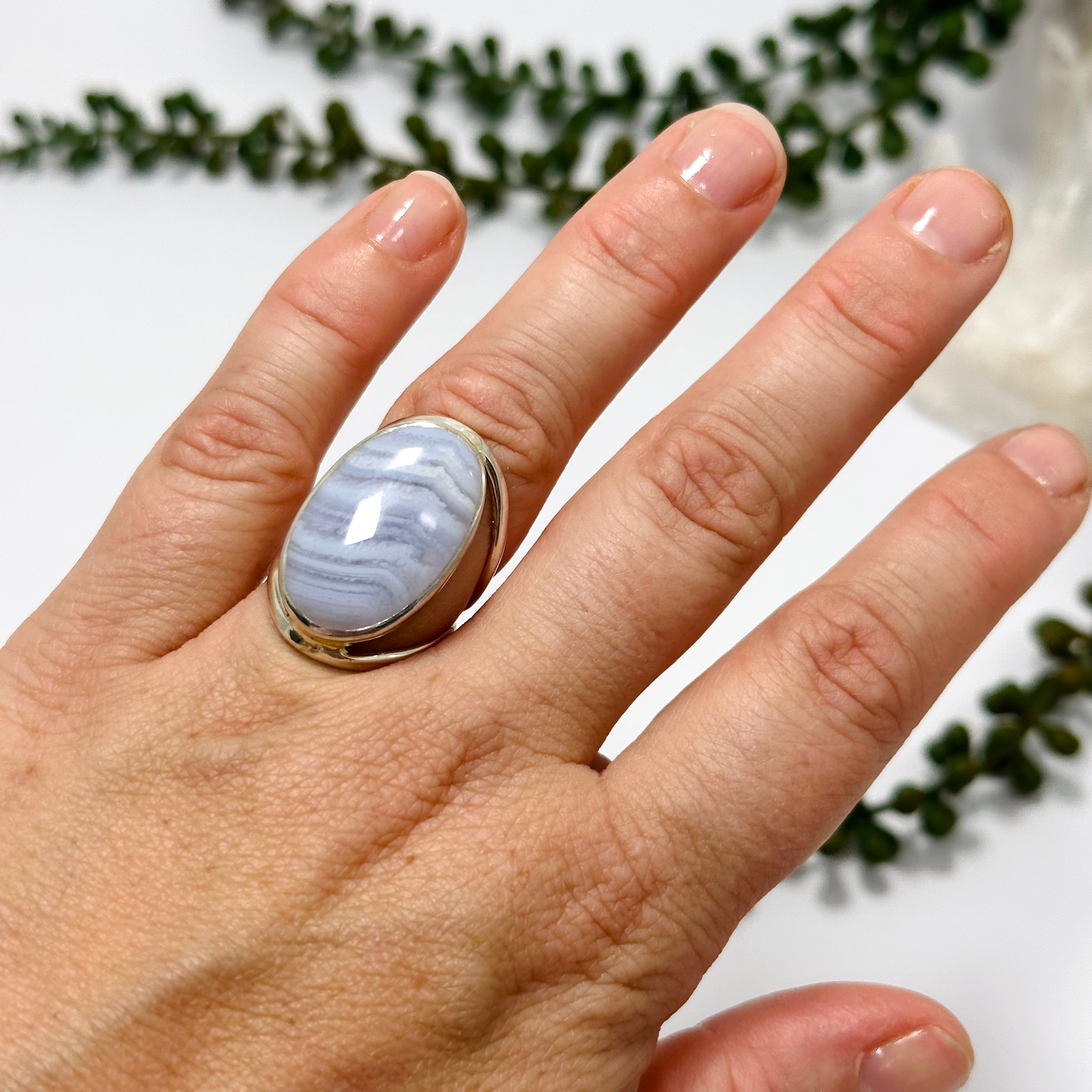 Blue Lace Agate Oval Cabochon Split Band Ring Size 7 - Natural Stone Jewelry for Women, Dainty Boho Wedding Ring, Perfect for Everyday Wear & Special Occasions - KRGJ3378