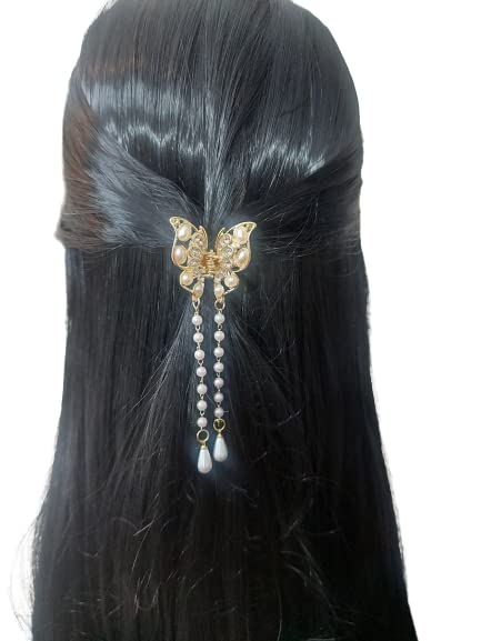 Butterfly Hair Claw Clip with Pearl Tassel - Small Hair Clutch for Women | Elegant Hair Accessories for Parties, Weddings & Everyday Style