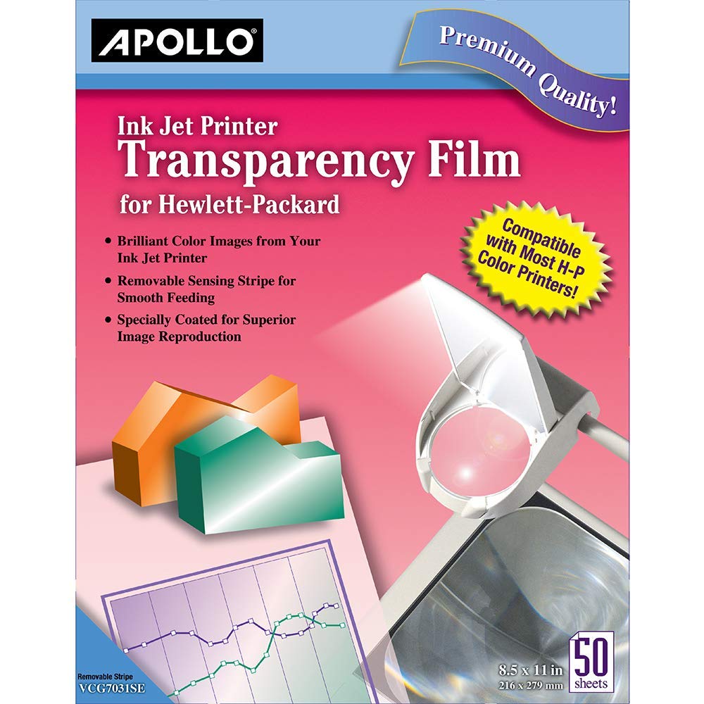 Apollo Transparency Film for Inkjet Printers - Compatible with HP, 50 Sheets/Pack (VCG7031S) - Perfect for Presentations, Overhead Projectors, and DIY Crafts