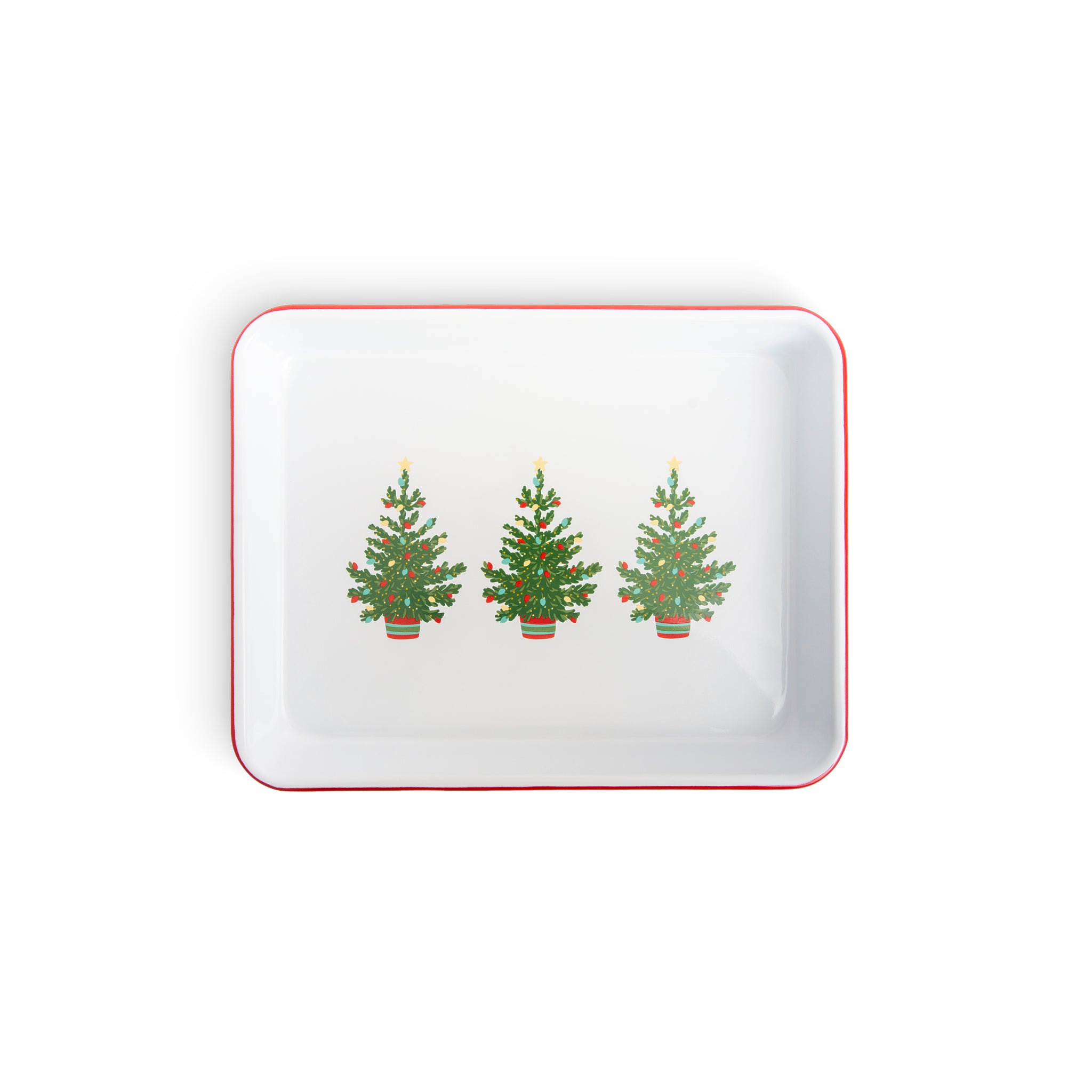 Crow Canyon Helmsie Christmas Tree Small Rectangle Enamelware Tray - Holiday Serving Tray for Christmas Decor, Cookies, Candies & Party Snacks