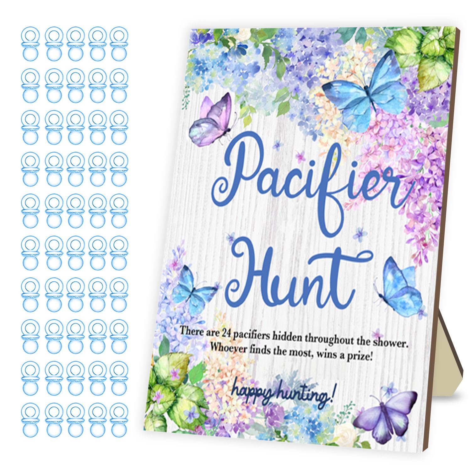 Baby Shower Pacifier Hunt Game Set - 50 Blue Acrylic Pacifiers with Wooden Sign & Butterfly Design for Gender Reveal Parties | Fun Baby Shower Activity & Nursery Decor