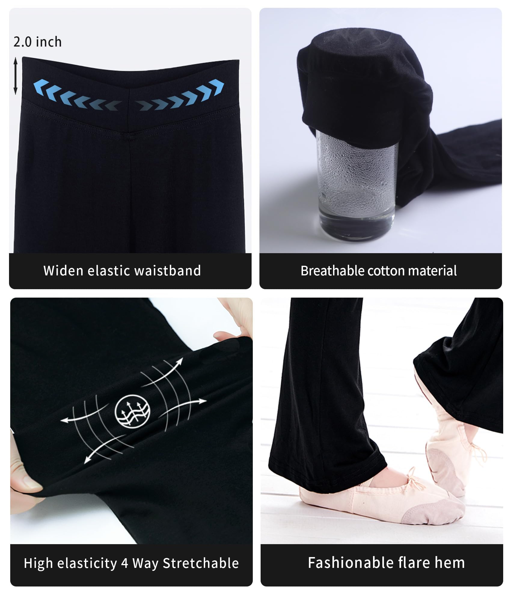 **Phoeswan High Waisted Flare Leggings for Girls - Cotton Black Bell Bottom Pants, Full Length Jazz Dance Yoga Pants - Perfect for Dance, Yoga & Casual Wear**