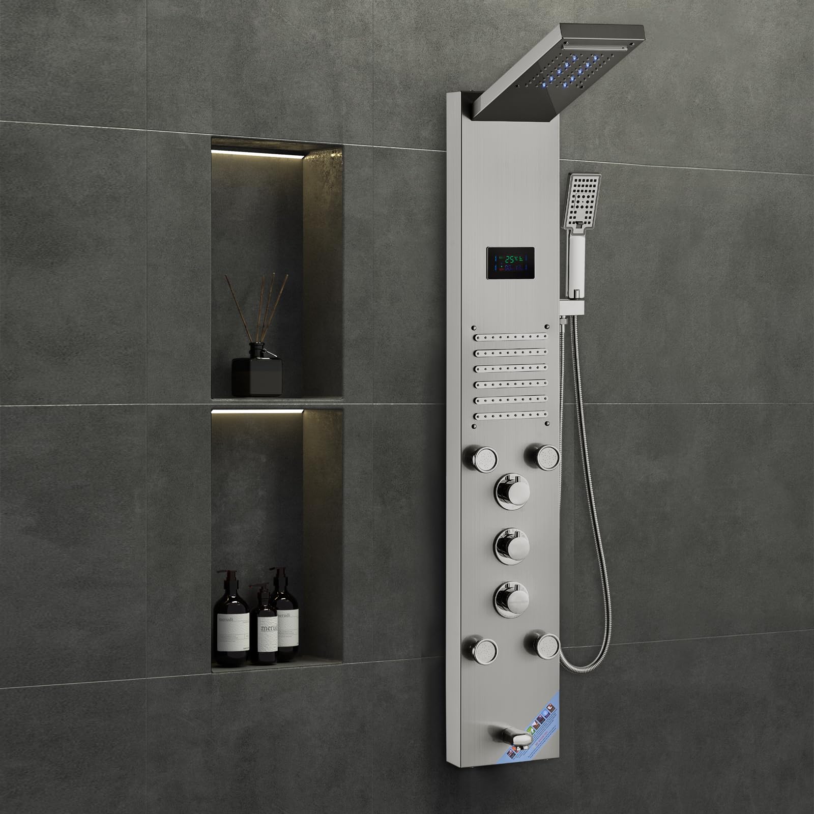 VEVOR Stainless Steel Shower Panel Tower System - 6 Shower Modes (Rainfall, Waterfall, Massage) with LED Screen, Hydroelectric Power, 5 Jets & Handheld Shower - Wall Mounted Bathroom Upgrade for Spa-Like Experience at Home