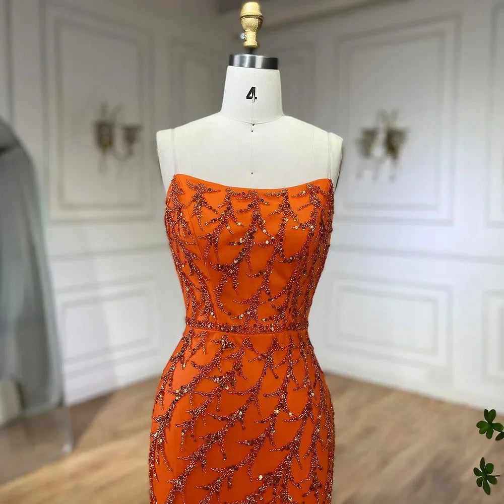Serene Hill Orange Spaghetti Strap Mermaid Evening Dress with Feathers & Beading - Elegant Women's Formal Gown for Weddings, Parties & Special Occasions | 2025 LA72272