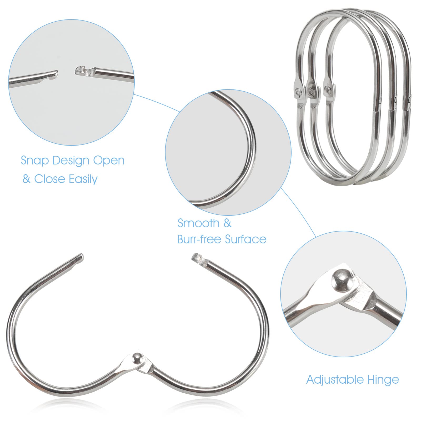 Goowin 12-Pack Rust-Proof Metal Oval Shower Curtain Hooks with Secure Clasp - Chrome Finish for Bathroom Shower Rods & Curtains | Durable & Stylish Bathroom Accessories for Home & Hotel Use