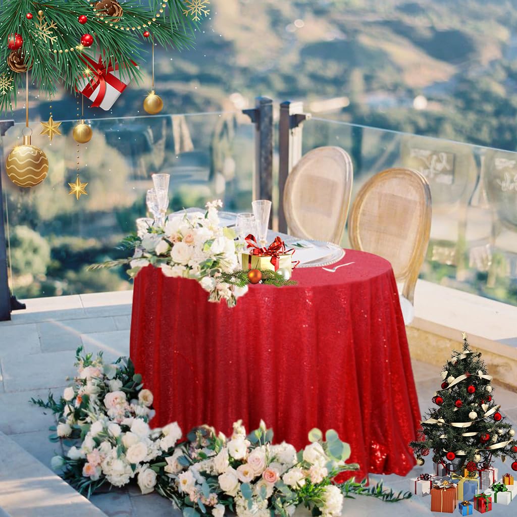 AIXHN 48 Inch Round Red Sequin Tablecloth - Glitter Sparkly Elegant Table Overlay for Weddings, Birthdays, Christmas Decor - Perfect for Cake Tables, Dessert Displays & Party Decorations