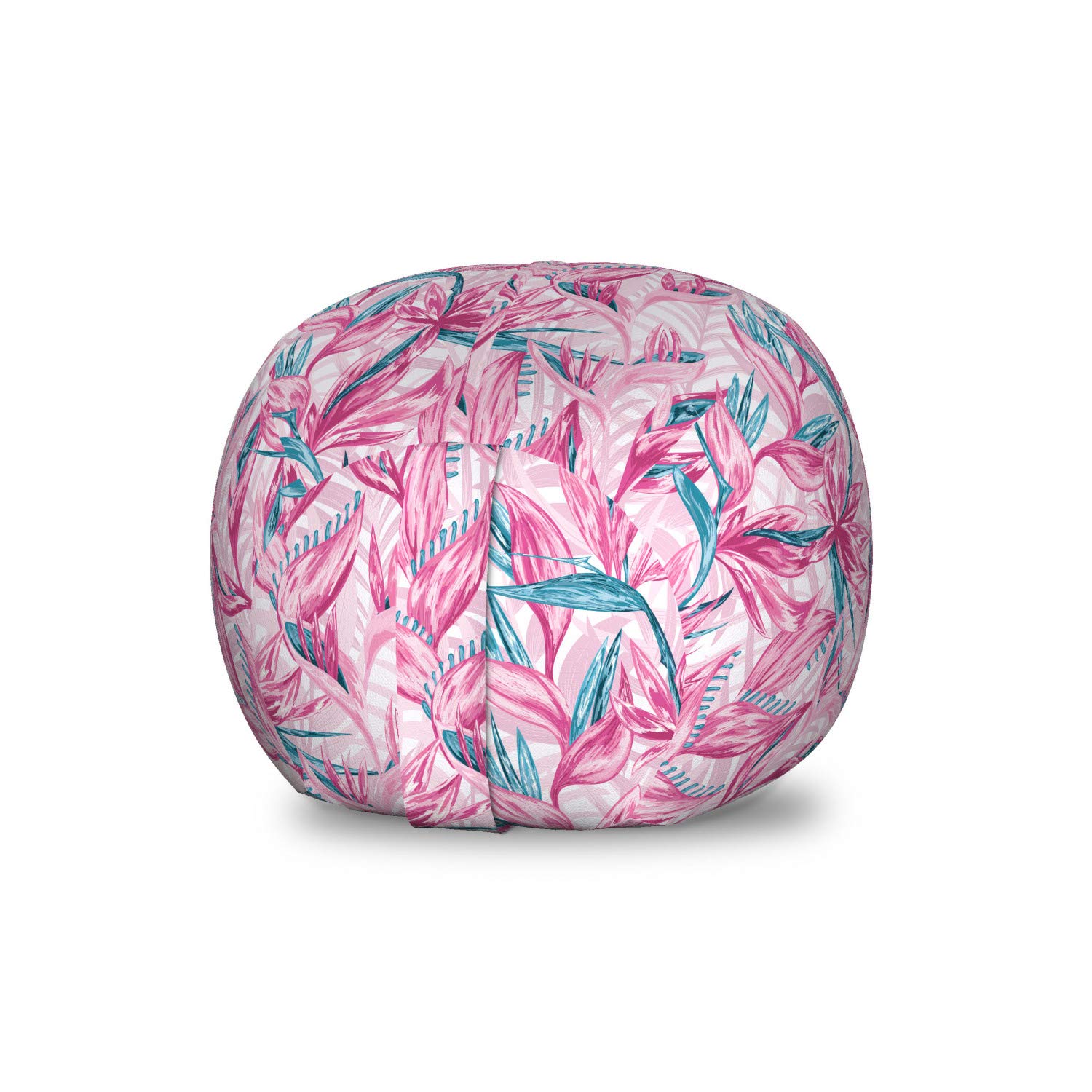Ambesonne Floral Toy Storage Bag Chair - Tropical Island Flowers & Leaves Design, Washable Stuffed Animal Organizer, Small Size in Pink & Dark Turquoise - Perfect for Kids' Room, Nursery, or Playroom Organization