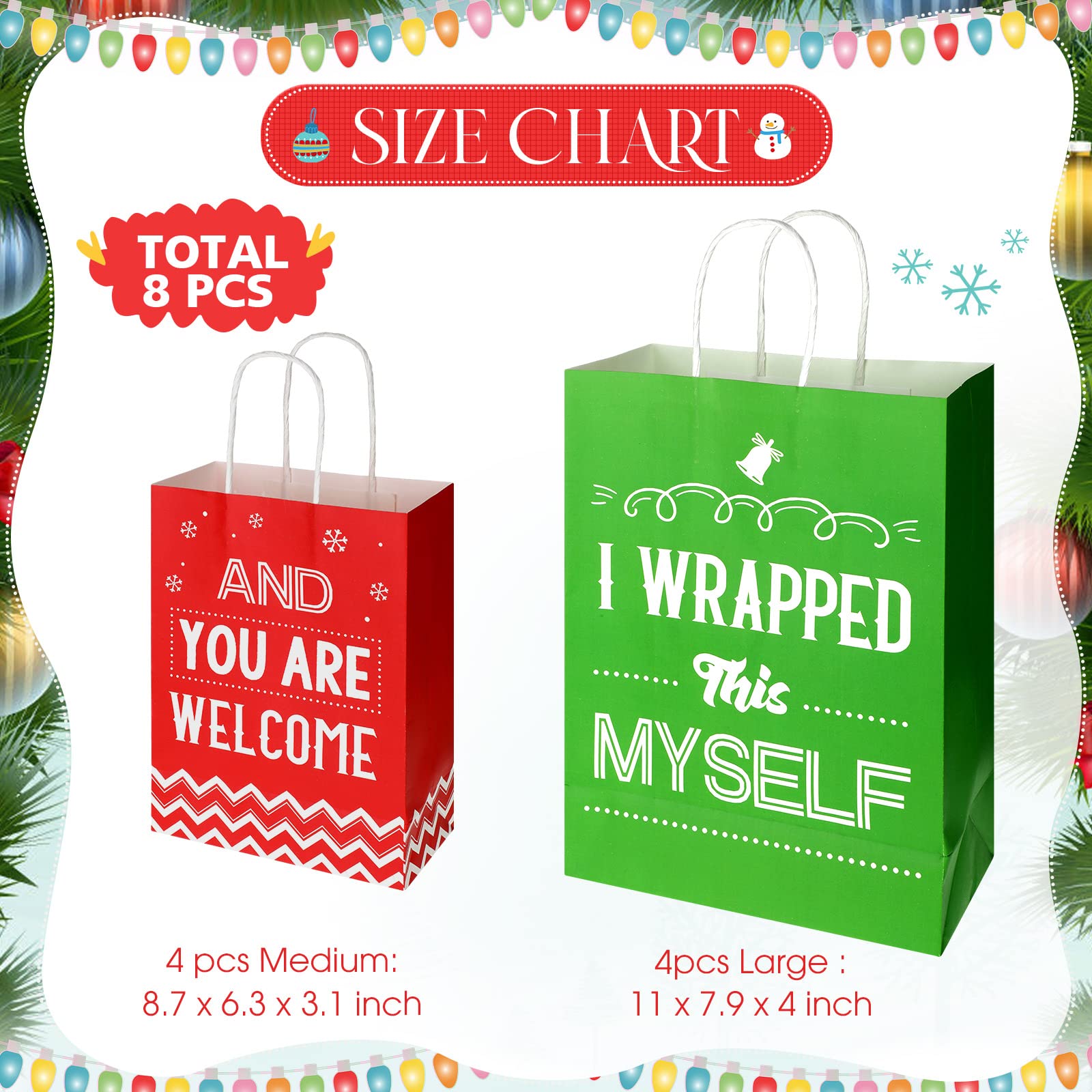 8 Pack Christmas Funny Gift Bags - Green & Red Snowflake Reindeer Design, Reusable Paper Holiday Present Pouches for Xmas, Weddings, Birthday Parties (Medium & Large Size) - Perfect for Holiday Treats, Party Favors & Festive Gift Giving