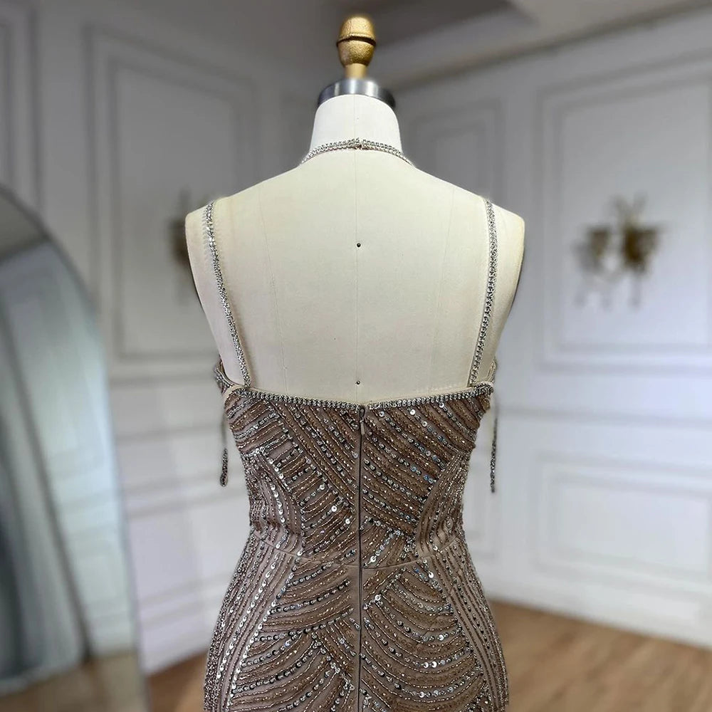 Serene Hill Dubai Caramel Luxury Beaded Spaghetti Strap Mermaid Evening Dress for Women - Elegant Wedding Party Gown 2025 LA72501 | Perfect for Prom, Cocktail Party & Formal Events